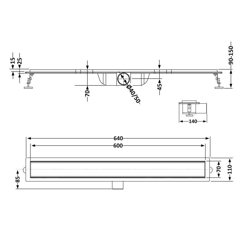 Трап із нержавіючої сталі Qtap Taurus Tile600 лінійний із сухим затвором під плитку