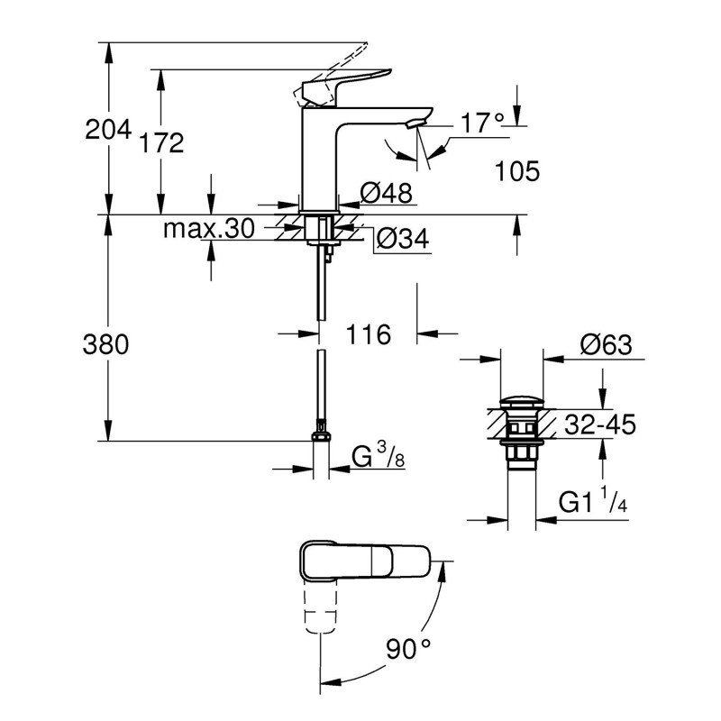 Змішувач для раковини Grohe QuickFix Dice ES M-Size 1018362430 з донним клапаном