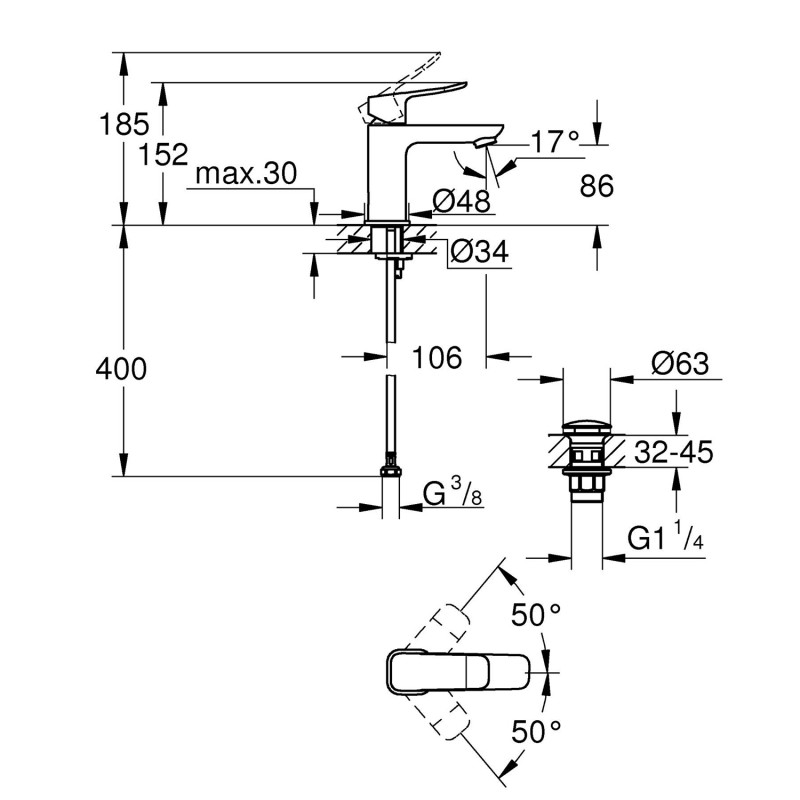 Змішувач для раковини Grohe QuickFix Dice S-Size 1018570000 з донним клапаном
