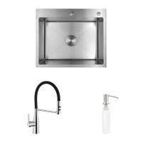 Комплект кухонна мийка Kroner Gebürstet-6050HM + змішувач Ersel-C03111BLK + дозатор Spender-016