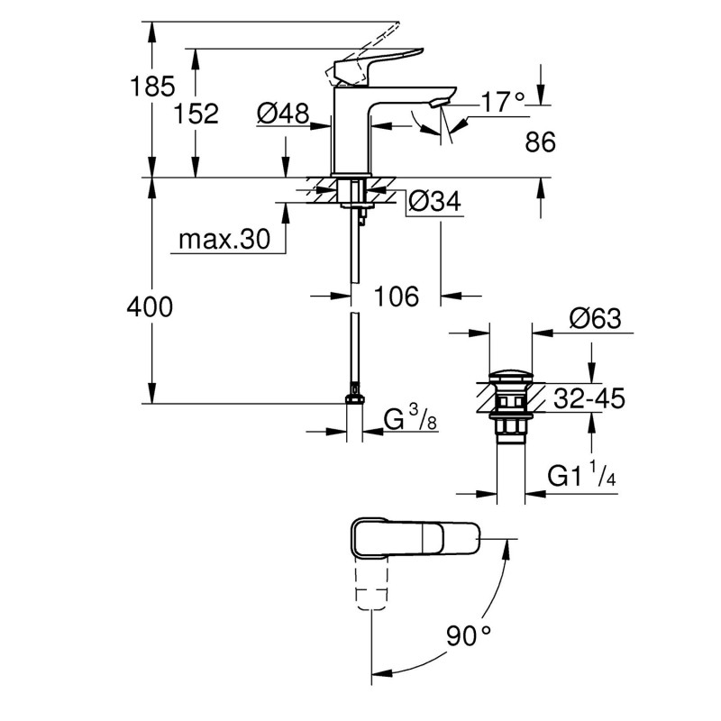 Змішувач для раковини Grohe QuickFix Dice ES S-Size 1018612430 з донним клапаном