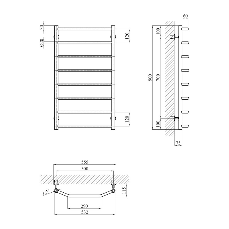 Сушарка для рушників водяна Kroner KRP Diva WT900x500-8